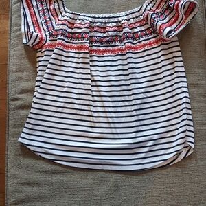 THML Navy and Red Striped Off-Shoulder Blouse